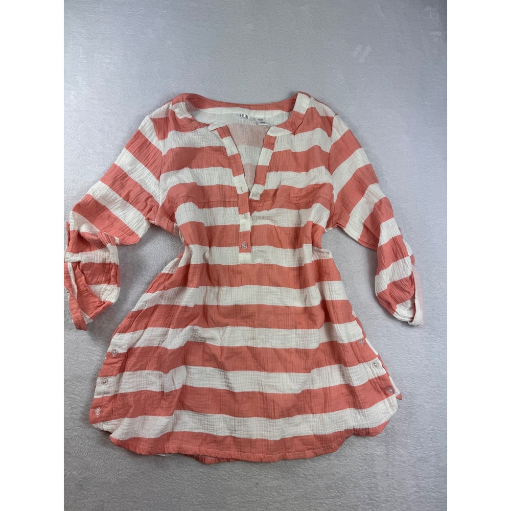 Kaktus Women Coral White Striped Cotton Gauze Roll Tab Sleeve Tunic Top Large